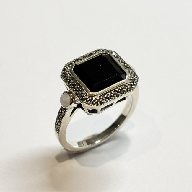 Bague Onyx & Opales, arg 925