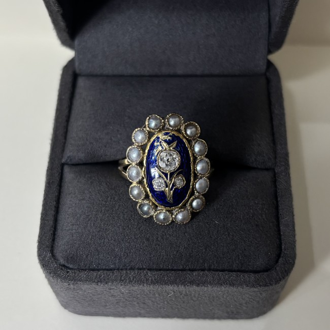 Bague Email, Perles & Diamants, or 750