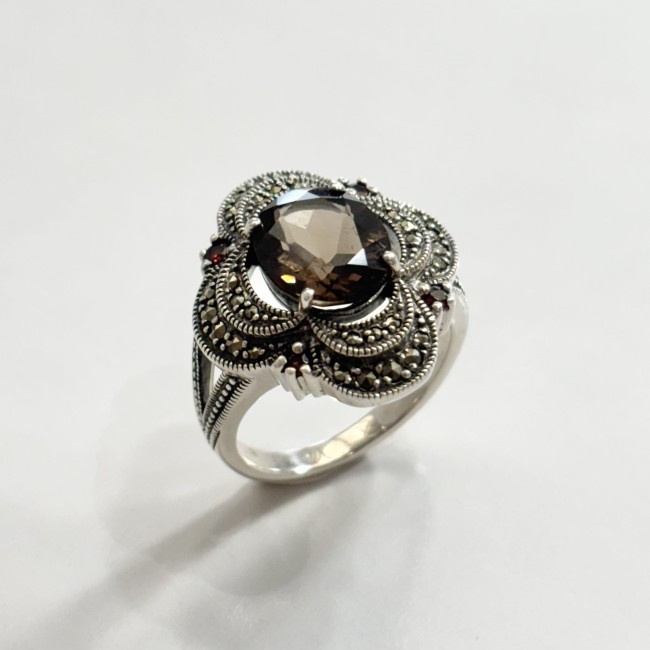 Bague Quartz Fume & Grenat, arg 925