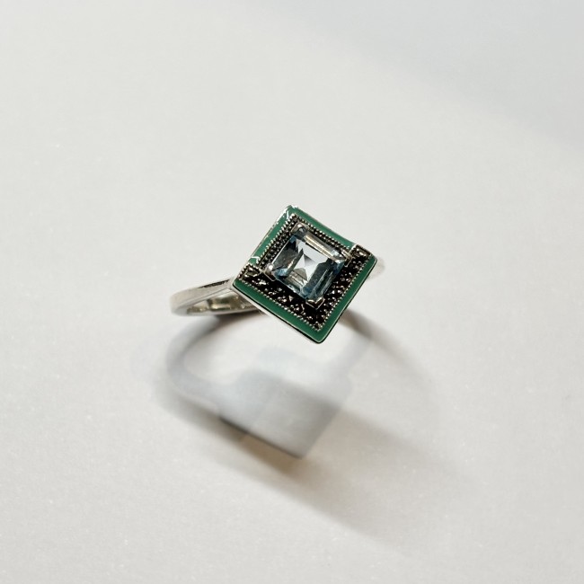 Bague Topaze bleue & Email, arg 925