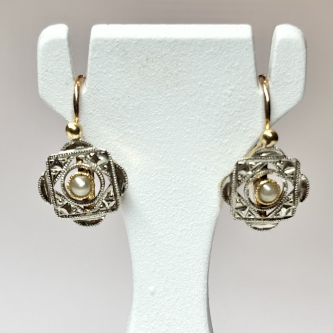 Boucles d'oreilles art déco, Perles, or 750