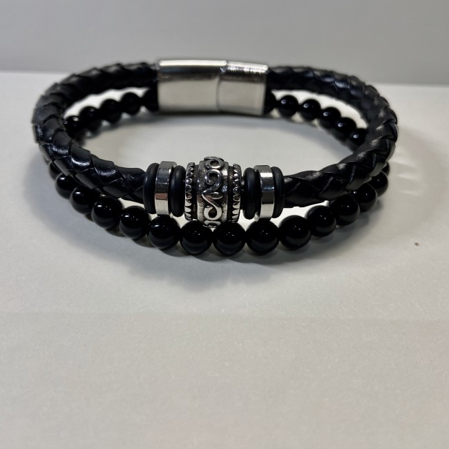 Bracelet cuir onyx et acier