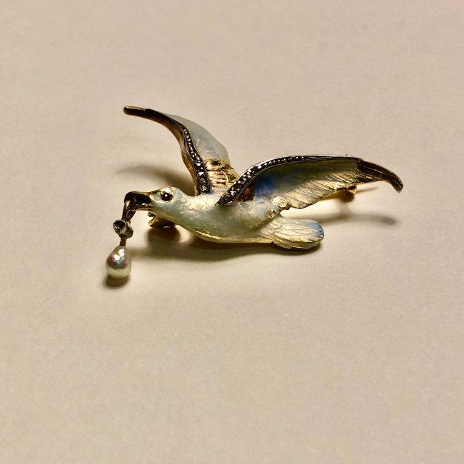 Broche oiseau ancienne or 750 nacre